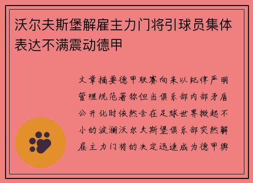 沃尔夫斯堡解雇主力门将引球员集体表达不满震动德甲 沃尔夫斯堡解雇主力门将引球员集体表达不满震动德甲