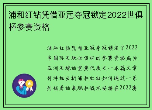 浦和红钻凭借亚冠夺冠锁定2022世俱杯参赛资格